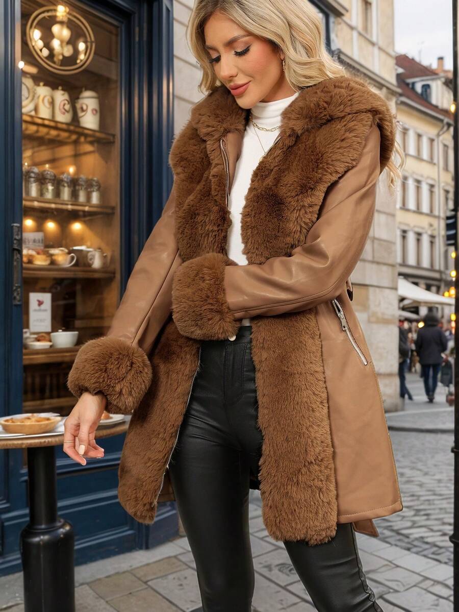 Giolshon 女士 PU 人造毛皮外套，配腰带——秋冬季的理想之选，时尚的腰带设计，适合休闲或通勤穿着。