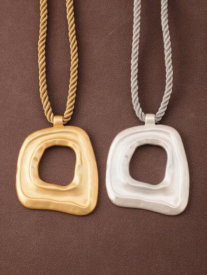 1pc Matte Gold/Silver Asymmetric Hollow Square Pendant Necklace With Thick Cord, Suitable For Women's Daily Wear, 18 Inches + 2 Inches Extension Chain