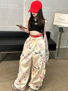 Girls Fashion Pants Casual Street Dance Hip Hop Y2K Style Graffiti Trousers, Spring Autumn, Suitable For Toddlers & Children - Beige - View 4