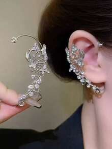 1 件时尚优雅无耳垂蝴蝶水晶水钻耳环，银色，奢华百搭设计