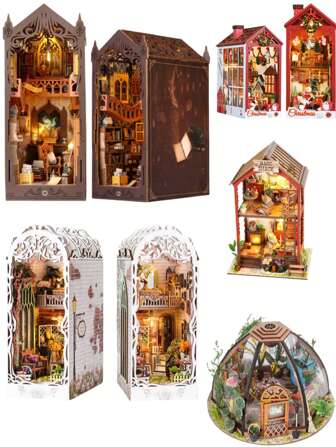 DIY Book Nook Kits, 3D Wooden Puzzles Bookshelf Insert Decorative Bookend Model Kits, DIY Book Nook Kit Miniature Decoration House With Teens Puzzle Ornaments Bookshelf Wooden Home Decoration GiftS-Exclude 2 AAA Batteries With Tools Birthday Graduation