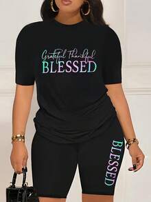 Set de tricou lejer cu imprimeu de litere și pantaloni scurți skinny pentru femei de mărime mare - Negru - Vizualizare 7