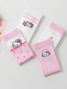 Sanrio 4 Pairs Kid Girls Knee High Socks, Hello Kitty, Mesh, Pink&White, Heart Thigh High, Cute School Style, Thin, Suitable For Students, Everyday, Back To School Season, New Semester, Classroom, Festival Matching, Can Be Paired With Lolita Skirt
