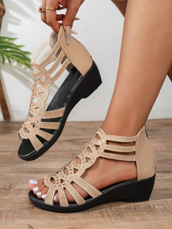 Plus Size Women Rhinestone Wedge Slides, Sporty Yet Elegant, Comfortable & Versatile Slip-On Sandals, Fashion Mom Shoes, Roman Style