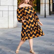 Plus Size Off-Shoulder Cinched Waist 3/4 Sleeve Floral Print Dress