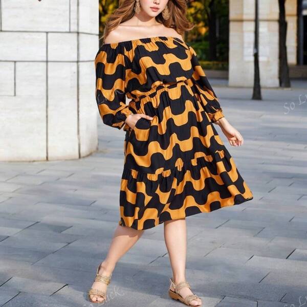 Plus Size Off-Shoulder Cinched Waist 3/4 Sleeve Floral Print Dress