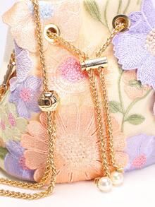 1pc Colorful PVC Floral Embroidered Mesh Sequined Pearl Decor Bucket Bag, New Resort Style Shoulder/Crossbody Bag, Fashion & Versatile (Floral Pattern Randomly Sent) - Beige - View 8