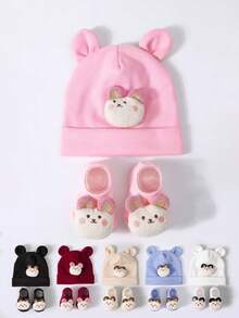 1 طقم قبعة و جوارب وردية محشوة كرتونية طفلية (2 قطعة)، شريط رأس مرن، ناعم ومريح للاطفال الصبيان والبنات، للارتداء الخارجي الكاجوال، بأسلوب عصر الألفية الجديدة