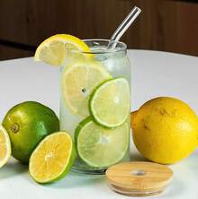 SELECTSHOP Set De 4 Vaso Tipo Lata De Vidrio Con Tapas Popotes De Vidrio Y Cepillo De Limpieza Vasos para Cerveza Taza de Café Helado Vasos de Cóctel Adecuados para Agua Jugo Sodaé Regalo (Set De 4) - Juego de 6 - Ver 12