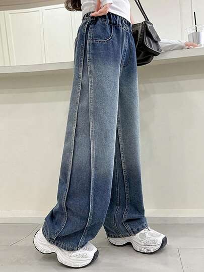 Tween Girls Ombre Pocketed Patchwork Wide Leg Jeans