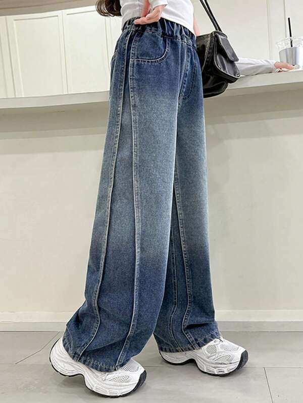 Tween Girls Ombre Pocketed Patchwork Wide Leg Jeans