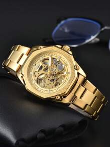 LONGLUX 1pc Men's Hollow Mechanical Wrist Watch, Casual Steel Band Waterproof Watch