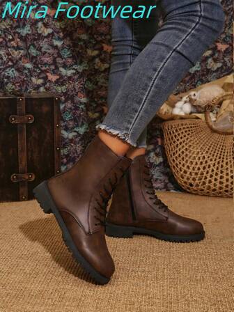 Mira Footwear Women's Plus Size Fashionable Retro Lace-Up Side Zipper Brown Ankle Boots, Casual Comfortable Zipper Outdoor Lace-Up Mid-Calf Boots, Versatile Holiday Essential Autumn/Winter Boots