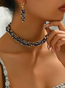 3 pièces/Set Collier et boucles d'oreilles géométriques asymétriques européens et américains de luxe avec perles, convient pour les fêtes et les banquets pour femmes