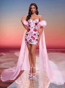 Anymoon Women's Floral Embroidered Patchwork Flowing Formal Gown, Elegant Maxi Dress