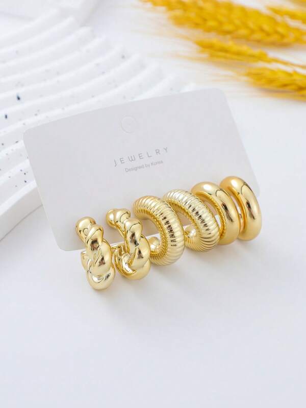 Set de 6 pendientes de aros grandes y gruesos de oro para mujer, hipoalergénicos, con textura retorcida y abiertos