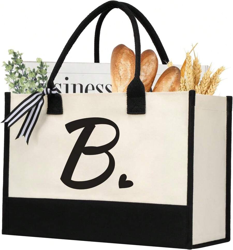 Shenee Initial Canvas Tote Bag, Personalized Beach Jute Bag Present For Women Holiday,Friends Birthday Gift,Wedding, New Year - B - View 1