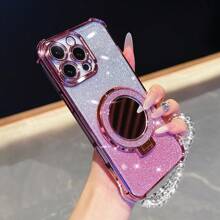 Nuevo Estuche anti-caída de 4 esquinas para teléfono + Estuche de teléfono integrado con espejo de maquillaje circular rosa brillante, cuerda colgante y soporte magnético, compatible con Galaxy I-Phone 16 Pro 16Pro Max, Sam-Sung S25/S25Plus/S25Ultra, XM HW RM, Oppo