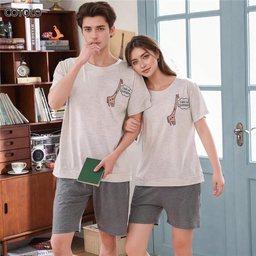 COTOLO Conjunto de Pijama de Pareja para Mujer con Estampado de Dibujos Animados Manga Corta y Pantalones Cortos Estilo Casual Multicolor para el Hogar Conjunto de Pijama de Mujer,pijamas de mujer,pijama,pans de mujer,pijamas - jirafa gris - Ver 1