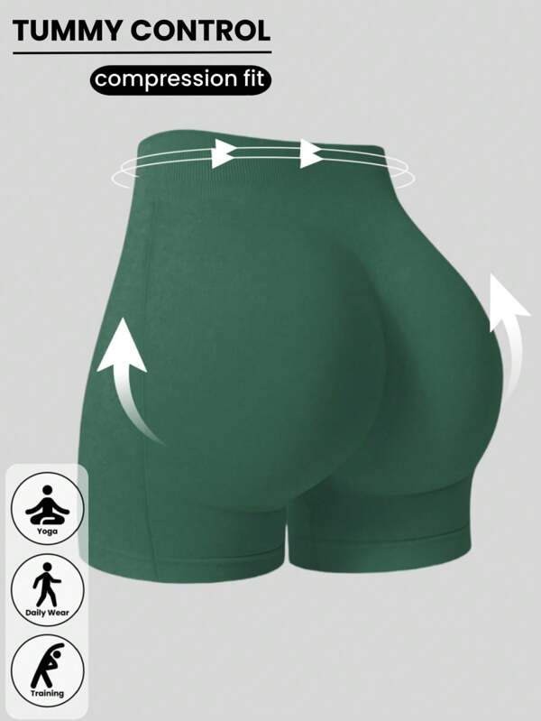 1 pieza Pantalones cortos deportivos sólidos de cintura alta sin costuras para mujer, pantalones cortos de yoga, ciclismo, cómodos y amigables con la piel, pantalones de entrenamiento de moda