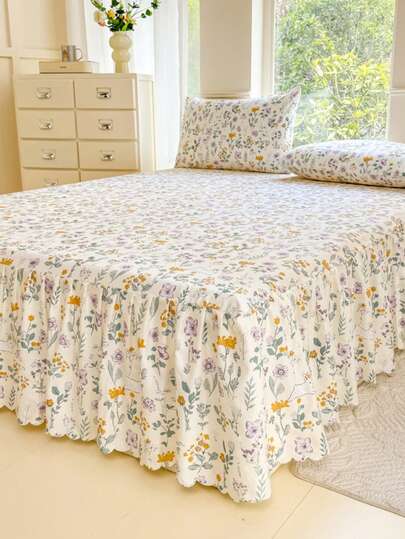 Juego de 3 piezas (1 falda de cama, 2 fundas de almohada) con falda de cama con volantes y estampado, protección contra el polvo con cobertura total, juego de falda de cama plisada con 2 fundas de almohada, se puede dormir desnudo, piel amigable, absorbente del sudor, a prueba de humedad, suave, absorbente del sudor, lavable, no destiñe, juego protector de colchón antibacteriano
