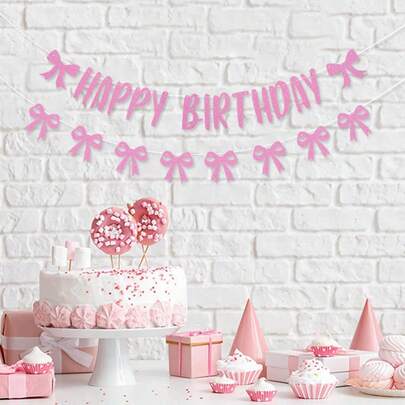1条粉色蝴蝶结生日派对横幅，生日快乐粉色蝴蝶结横幅，适用于新娘送礼会、房间、家庭卧室、客厅、婚礼、户外装饰