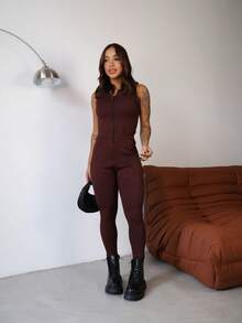 Women's Jumpsuit Tank Top With Zipper Fitted 3D Ribbed PREMIUM - Rỉ Nâu - Xem 2