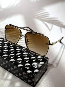 POLASUP 1pc Thick Double Beam CNC 3D Cut Diamond Rimless Aviator Fashion Glasses, Thick Metal Frame, Fashion Metal Glasses With Hollow Legs, Retro Middle East Style, Suitable For Daily Commute, Vacation, Outdoor Activities, Gold, Black Gradient, Tea Color Back To School Fashionable Preppy School Look - 棕色 - 查看 15