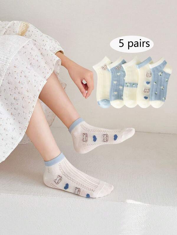 5 Paar Kinder Herz & Kitty atmungsaktive Mesh-Knöchelsocken, vielseitig einsetzbar für Frühling/Sommer