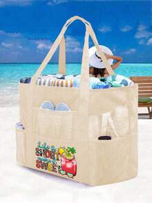 网状沙滩包大号沙滩手提包，带拉链封口的多用途整理袋，可折叠方便大号网状手提包轻便，适合家庭使用沙滩包，可装玩具和度假必需品，书包，大容量，防水，轻便，便携，可折叠