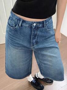 Y2K Street Vintage Washed Cat Whiskered Pocket Wide Leg Bermuda Jeans Denim Jorts Casual Shorts Cropped Trousers Fall Clothes
