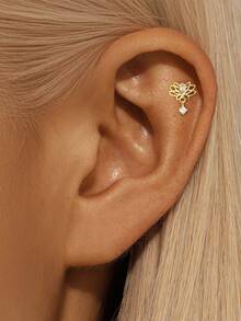 EleRunis 1PC 925 Sterling Silver Lotus Flat Back Cartilage Helix Piercing Fine Jewelry For Daily Wear Wedding Party Anniversary Valentine's Day - Gold - View 4