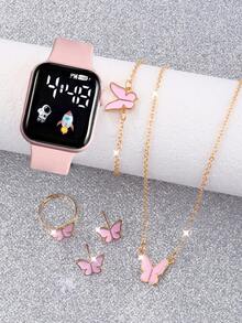 6pcs Elegant Minimalist LED Square Digital Wristwatch & Butterfly Bracelet Necklace Earrings Ring Jewelry Set, Astronaut Rocket Glow Design, Great Gift For Children Back To School, Daily Wear And Birthday Present - Pink - View 3