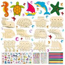 88 Pieces Sea Animals Wooden Craft Kit With Stickers, Drill Stickers And Colored Pencils Colorful DIY Painting And Decorating Kits, Gifts And Seasonal Decorations For Back-To-School Season, Halloween And Christmas Diy Gifts