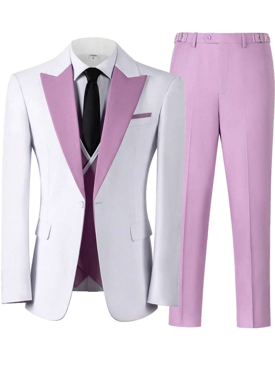 Tuxedos For Men Suits 3 Pieces Colorblock Slim Fit Double Breasted Formal Evening Tuxedo Blazer Vest Pants For Wedding Party, Night Out, Anniversary - Màu Lilac Tím - Xem 1