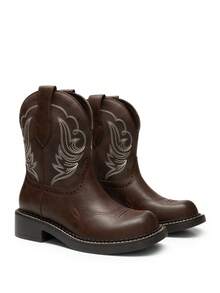 Women's Cowboy Western Ankle Booties, Thick Heel Slip-On Embroidered Square Toe Mid-Calf Fashion Boots, For Country Concerts, Rodeos, And Casual Outings,Autumn Winter Short Shaft Riding Boots - 巧克力棕 - 查看 9