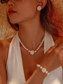 4pcs Women's Camellia & Faux Pearl Jewelry Set, Nautical Beach Style Jewelry Set, Women's Fashion Elegant Faux Pearl Jewelry
