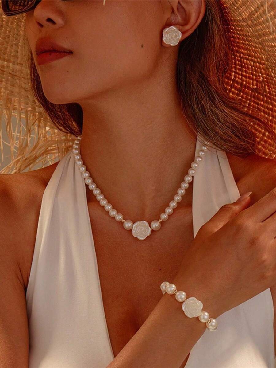 4pcs Women's Camellia & Faux Pearl Jewelry Set, Nautical Beach Style Jewelry Set, Women's Fashion Elegant Faux Pearl Jewelry