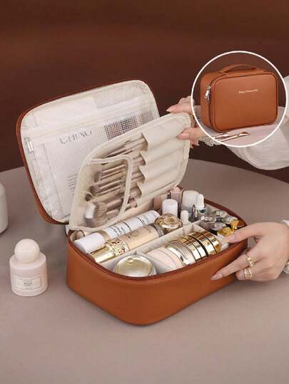 1pc PU Leather Travel Makeup Bag, Portable Cosmetic Organizer Bag, Bathroom Toiletry Storage Bag, Large Capacity Handbag, Double Layer Makeup Bag, Waterproof Storage Pouch, Perfume Storage Box, Suitable For Vacation, Business Trip, Bathroom, Cosmetic Storage, Party, Beach, Campus, Dorm, Can Be Given As Gift To Mom, Girlfriend, Birthday, Holiday