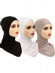 3 Piece Women's Fashion Solid Color Combo Set Including: Elastic Chin Cover, Hijab, And Head Scarf, Suitable For Daily Wear, With Abaya For Dress
