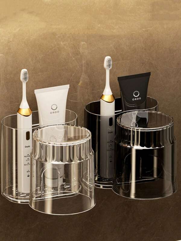 1pc Toothbrush Holder For Bathroom, No Drilling Required, Wall Mounted, With Toothpaste, Razor Storage Box, Black Toothbrush Holder Set, Bathroom Toiletries Storage Box