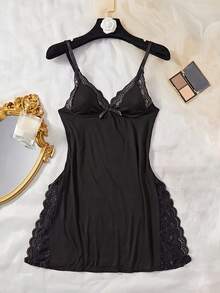 2pcs Lace Patchwork Bowknot Decor Romantic Side Slit Strap Nightgown - Multicolor - View 4