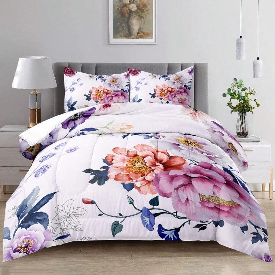 Purple Pink Floral Comforter Set: Twin Size Pretty Botanical Bed Set With Pink Flower Quilt