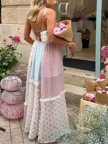 Women Spaghetti Strap Floral Maxi Dress Y2k Halter Lace Trim Tie Up Ruffle Long Dress Summer Boho Flowy Sundress - 彩色 - 查看 3