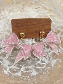 2pcs Fashionable Cute Big Bow Dangle Earrings With Sparkling Pendants, Pink Earrings Suitable For Daily Wear, Parties & Gatherings