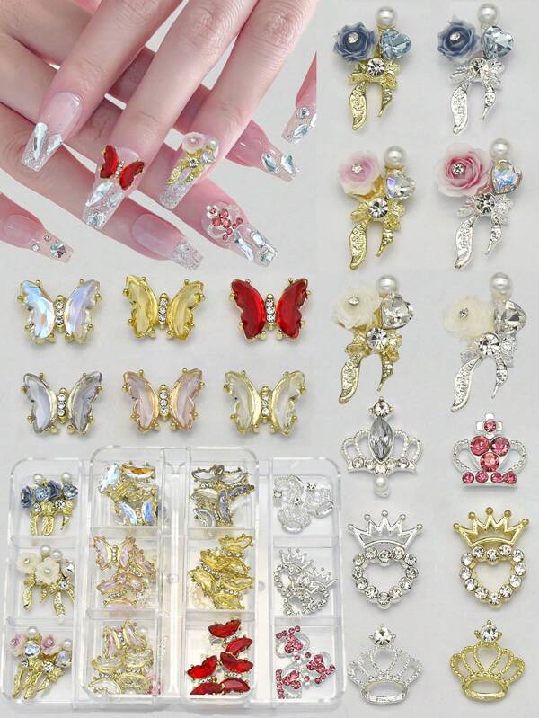 1 Caja (18 piezas/12 piezas) Encantos de uñas 3D de aleación - Estilo europeo y americano Coronas, Mariposas Aurora estilo japonés minimalista, Decoraciones de uñas de lujo con cinta de Camelia para uñas largas/cortas