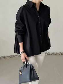 Plus Size Women Black Pleated Casual Polo Collar Shirt