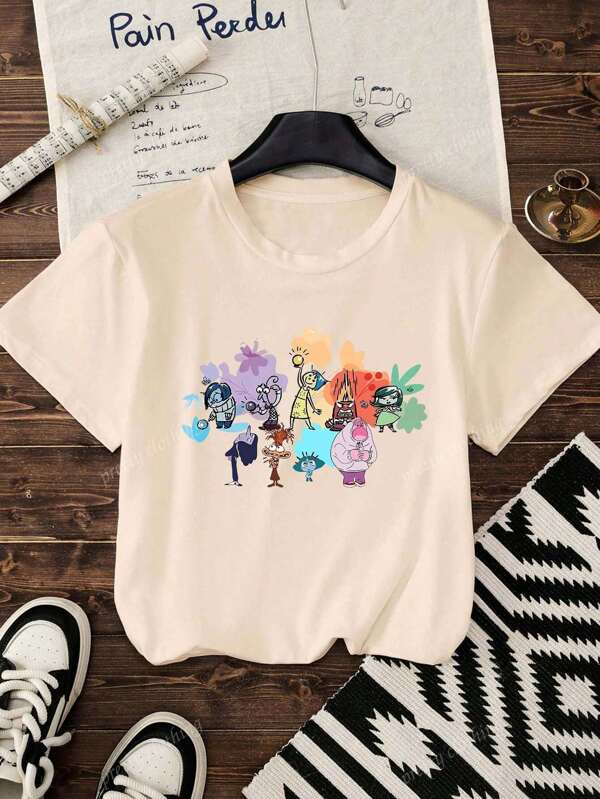 Disney Women's New Round Neck Short Sleeved Summer, Cartoon Character Pattern Printed Casual T-Shirt, Sweet And Gentle Temperament, Slim And Comfortable Summer Tops, Suitable For Daily Casual Wear, Graphic Tees Women,Vacation Outfits Women,Summer Outfits For Women ﻿
