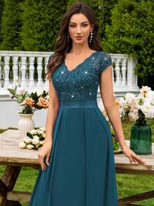 MIUSOL V-Neck Sequin Lace Short Sleeve Chiffon Ruffle Hem Maxi Dress, Elegant Women's Party Gown, Formal Evening Dress, Ball Gown, Suitable For Wedding Guest, Graduation Ceremony, Gala Dinner And Other Occasions - Dusty Blue - View 9