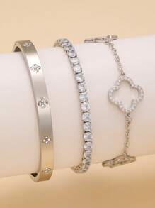 Pulsera de acero inoxidable con trébol de cuatro hojas de circonita en estilo retro personalizado, joyería de uso diario para mujeres